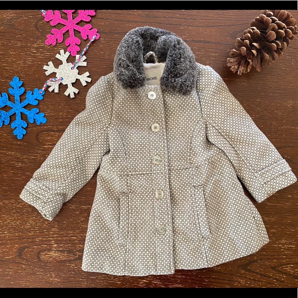 Cherokee Gray & Cream Pea Coat w/ Faux Fur Collar